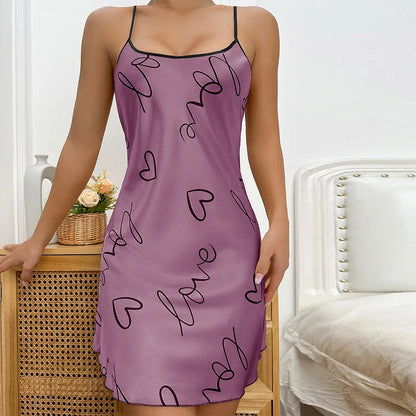 Valentine's Day Ice Silk Pajama Skirt Sleeveless Short Skirt with Suspender Skirt Sexy Pajama Women's Thin Printed Home Clothing