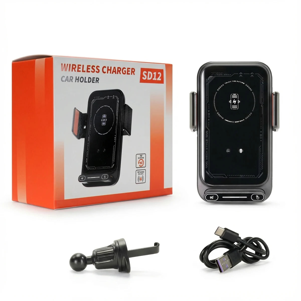Smart Sensing Car Phone Holder 15W Qi Wireless Charging Motorized Rotation One-Touch Release & Clamping Rotatable Cable Port