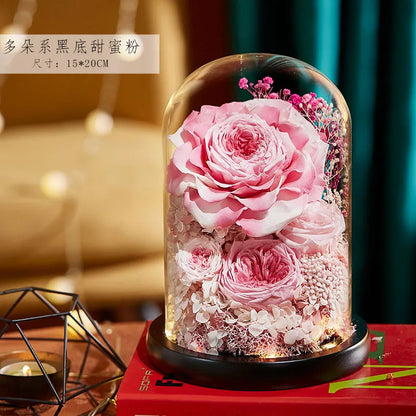 Eternal Flowers Preserved Rose In Glass Dome Cover Artificial Flower with Light Valentine's Day Christmas for Women Gift Box