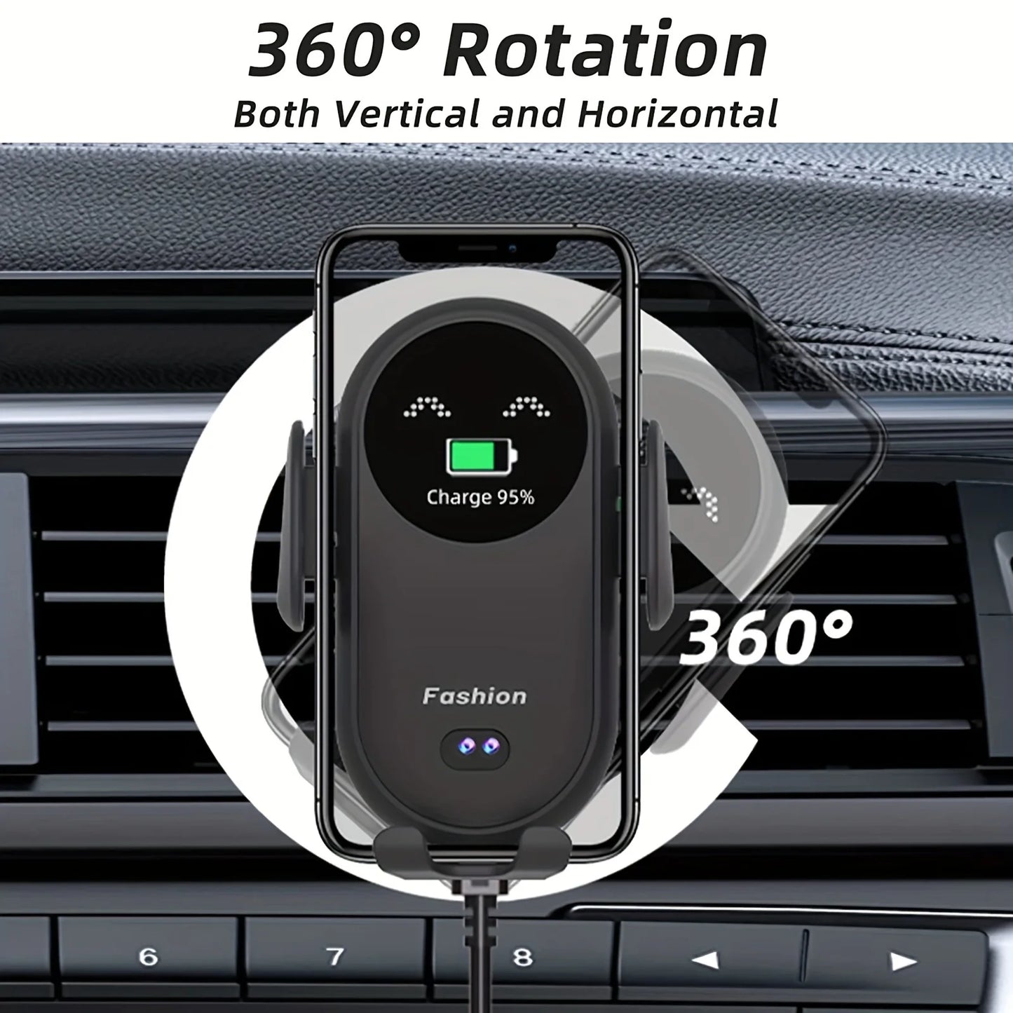 Wireless Car Charger with Auto-Clamping Phone Holder - USB-Powered, Fast Charging, with Type-C Cable, Wireless Phone Charger