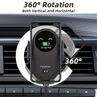 Wireless Car Charger with Auto-Clamping Phone Holder - USB-Powered, Fast Charging, with Type-C Cable, Wireless Phone Charger