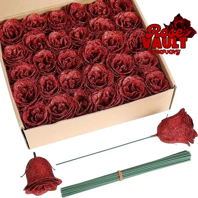 30/50 pcs 7/6 cm Glitter artificial flower rose Mother's/Valentine's Day girl friend wife DIY bouquet gifts for wedding Birthday