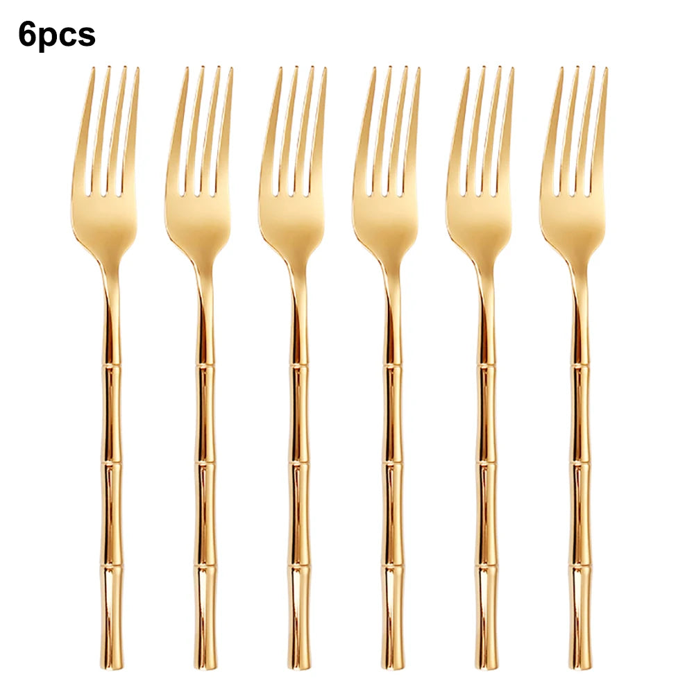 6/24/30Pcs Stainless Steel 304 Tableware Gold Cutlery Set Western Bamboo Shaped Handle Knife Fork Spoon Mirror Dinner Set