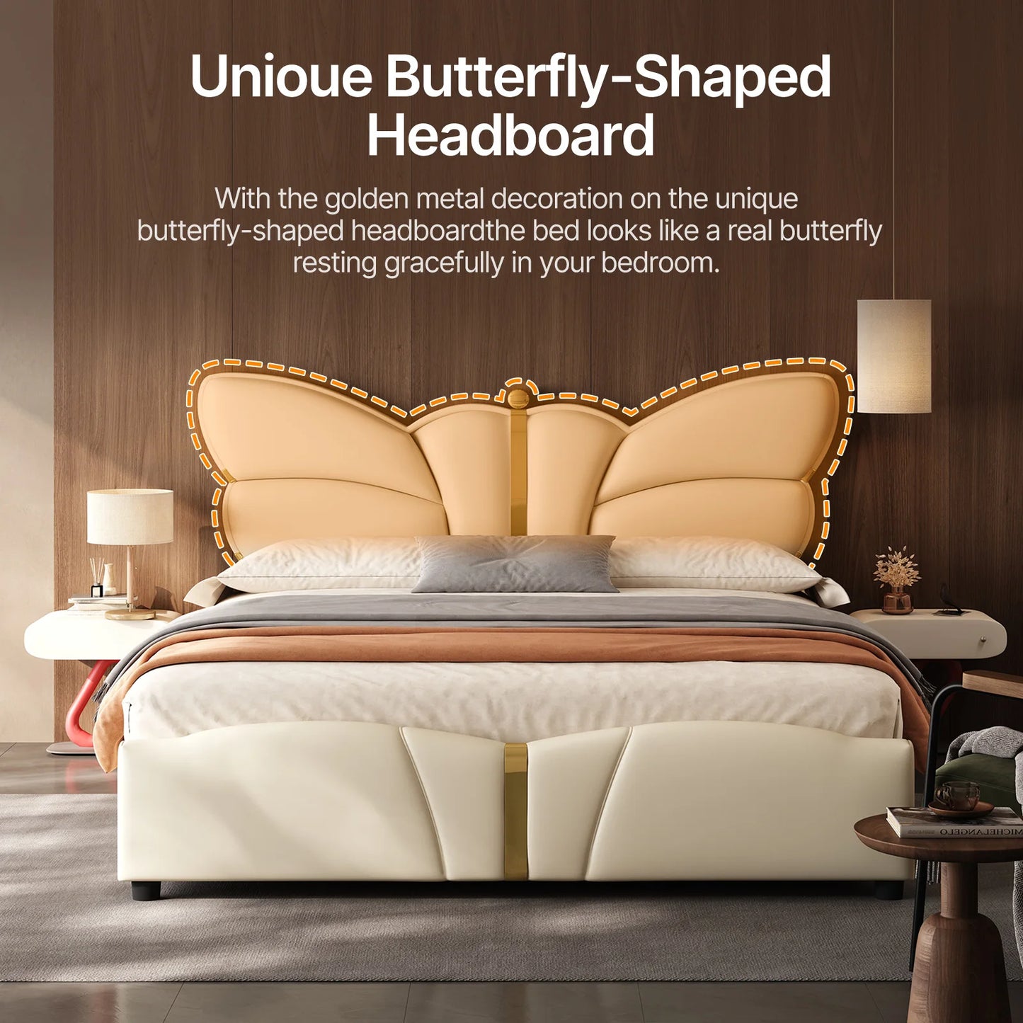 Queen Size Upholstered PU Leather Bed Frame with Butterfly HeadboardandFootboard, Modern Platform Bed with Gold Metal Accents, W