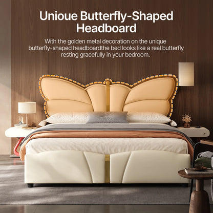 Queen Size Upholstered PU Leather Bed Frame with Butterfly HeadboardandFootboard, Modern Platform Bed with Gold Metal Accents, W