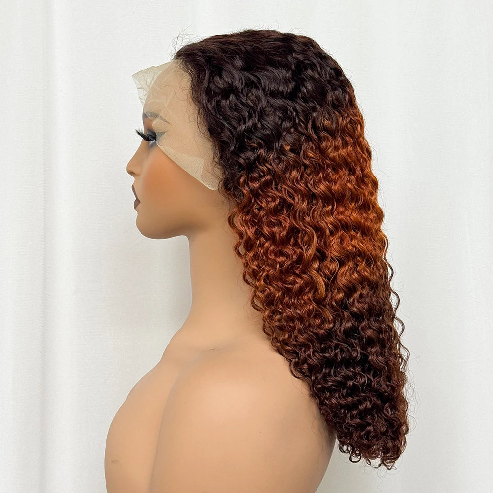 Double Drawn 250% Density Ombre 18 Inches Water Wave Curly Human Hair Wigs 13x4 Transparent Lace Frontal Hair Wig for Women