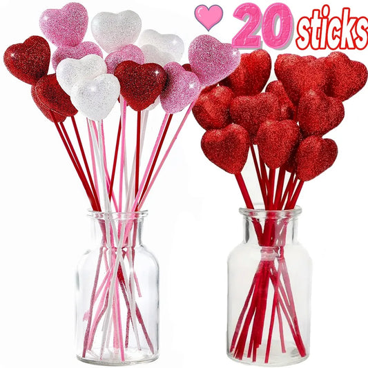 Glitter Foam Hearts Picks Stick Valentine's Day Flower Bouquet Home Vase Pick Wedding Cake Topper Decor Bouquet Glitter Ornament