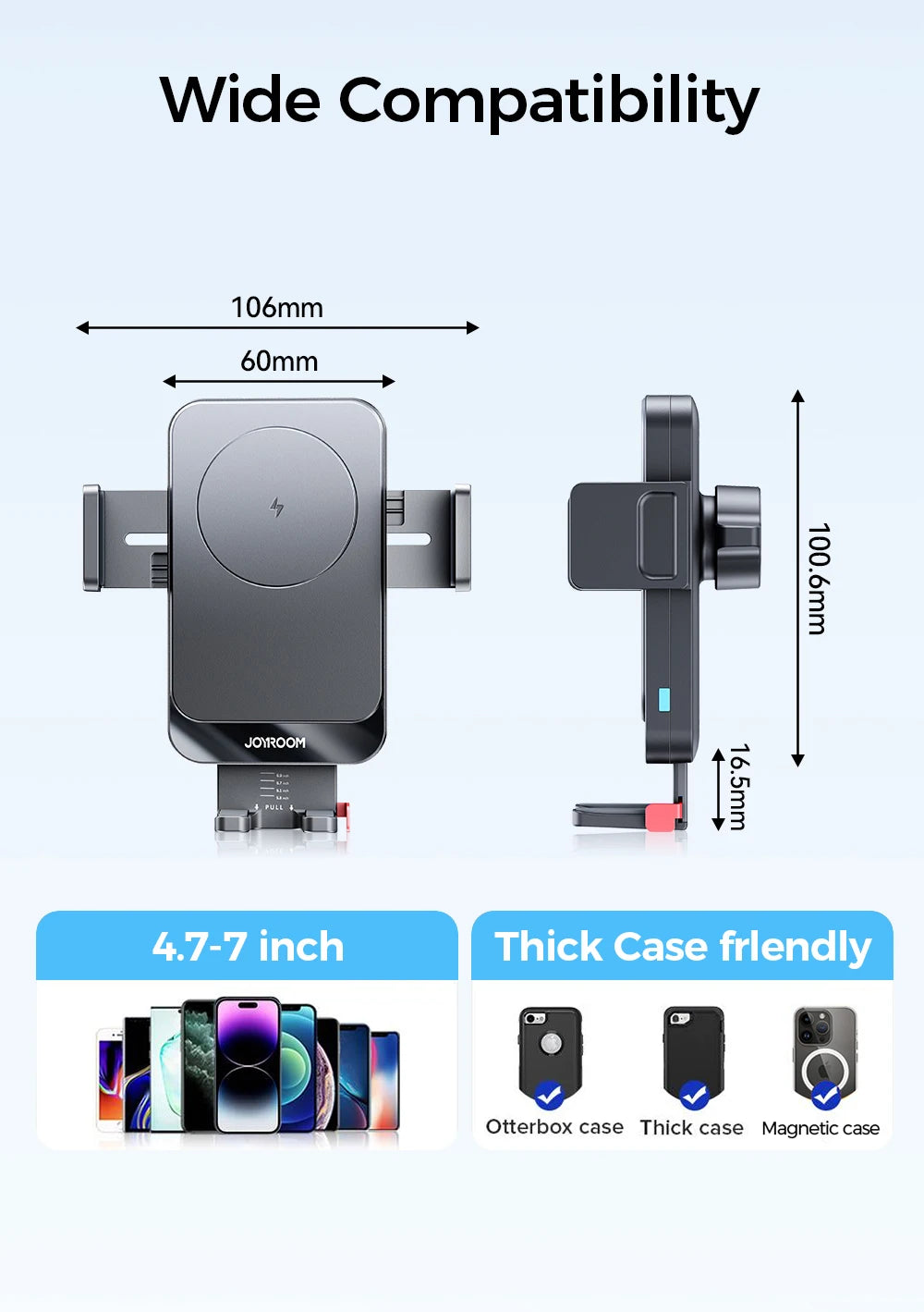 Joyroom Car Phone Holder 15W Wireless Charging Car Holder Charger 360° Rotation One-Hand Operation Car Phone Mount For  4.7-7''