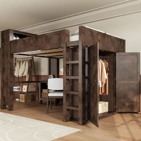 Queen-Sized Wooden Bed with Built-in Wardrobe, Desk, Storage, and USB Ports - Modern Space-Saving Design for Compact Rooms (Brow