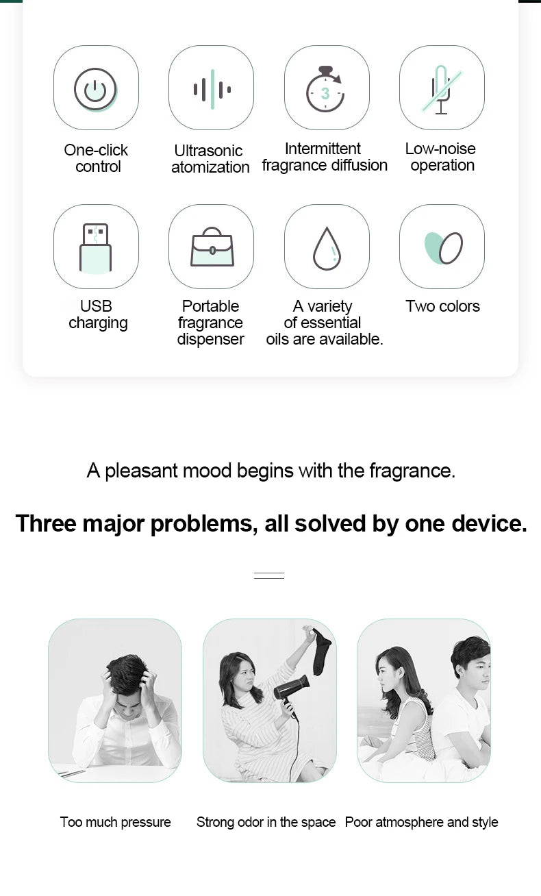 Car Air Freshener USB Rechargeable Essential Oil Diffuser Room Fragrance Diffuser Cool Mist Humidifier Auto Mini Scent Machine