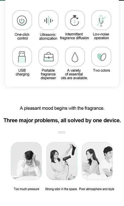 Car Air Freshener USB Rechargeable Essential Oil Diffuser Room Fragrance Diffuser Cool Mist Humidifier Auto Mini Scent Machine