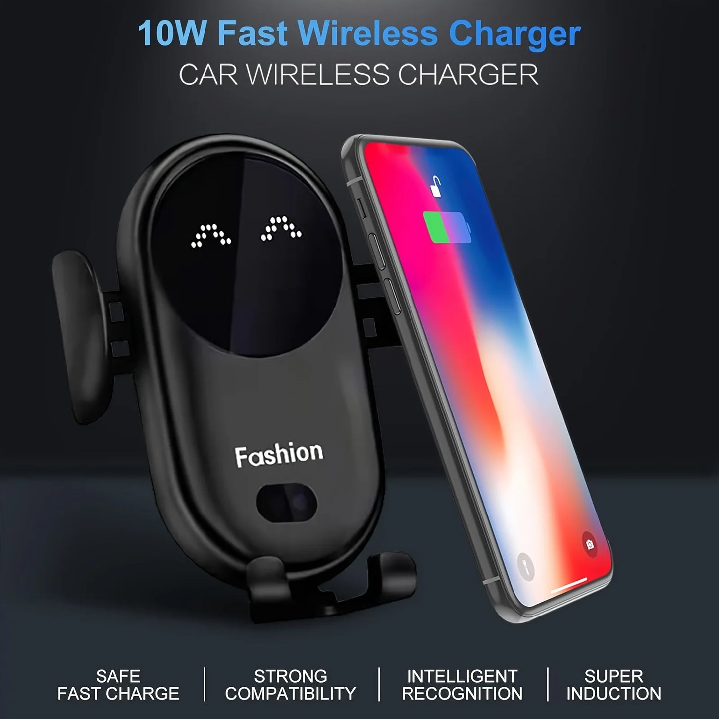 Wireless Car Charger with Auto-Clamping Phone Holder - USB-Powered, Fast Charging, with Type-C Cable, Wireless Phone Charger
