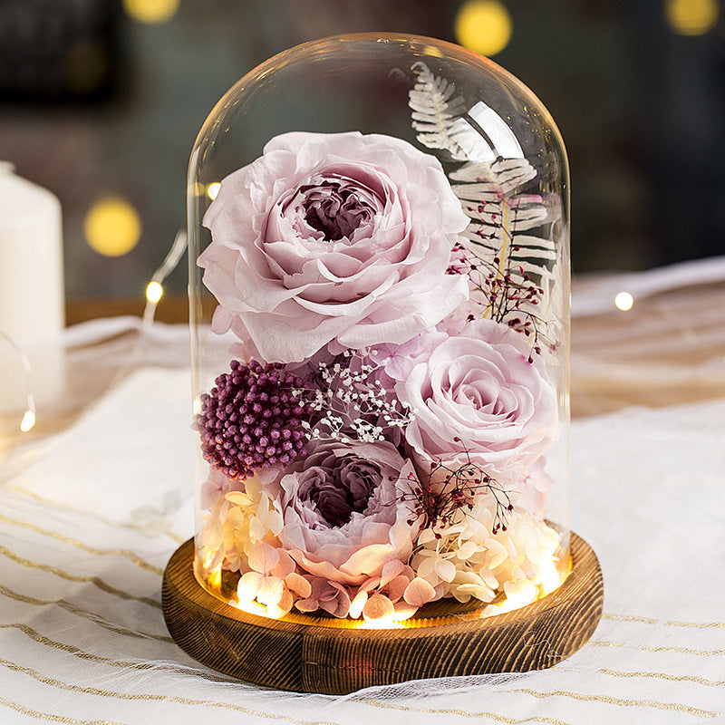 Eternal Flowers Preserved Rose In Glass Dome Cover Artificial Flower with Light Valentine's Day Christmas for Women Gift Box