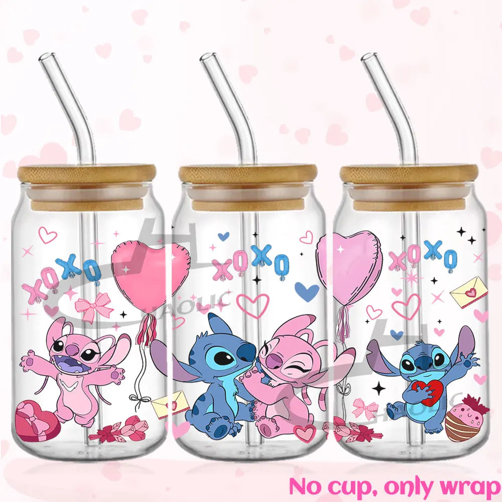 Valentine's Day Stitch 16oz UV DTF Cup Wrap Libbey Glass Can Tumbler UV Wrap Transfer Sticker Waterproof Adhesive Without Cup