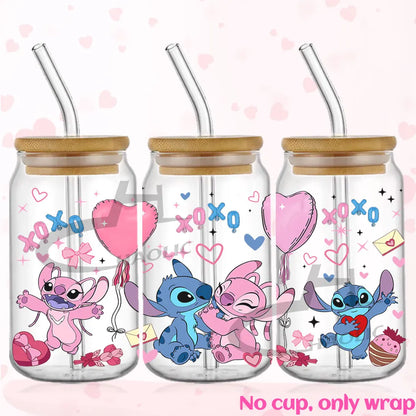 Valentine's Day Stitch 16oz UV DTF Cup Wrap Libbey Glass Can Tumbler UV Wrap Transfer Sticker Waterproof Adhesive Without Cup