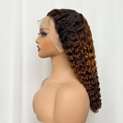 Double Drawn 250% Density Ombre 18 Inches Water Wave Curly Human Hair Wigs 13x4 Transparent Lace Frontal Hair Wig for Women