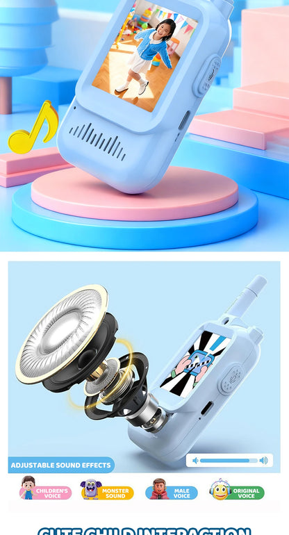 JCMO Video Walkie Talkies for Kids 2 Pack Funny Voice Change Rechargeable Toys for Indoor Camping Travel Birthday Gifts for Kids