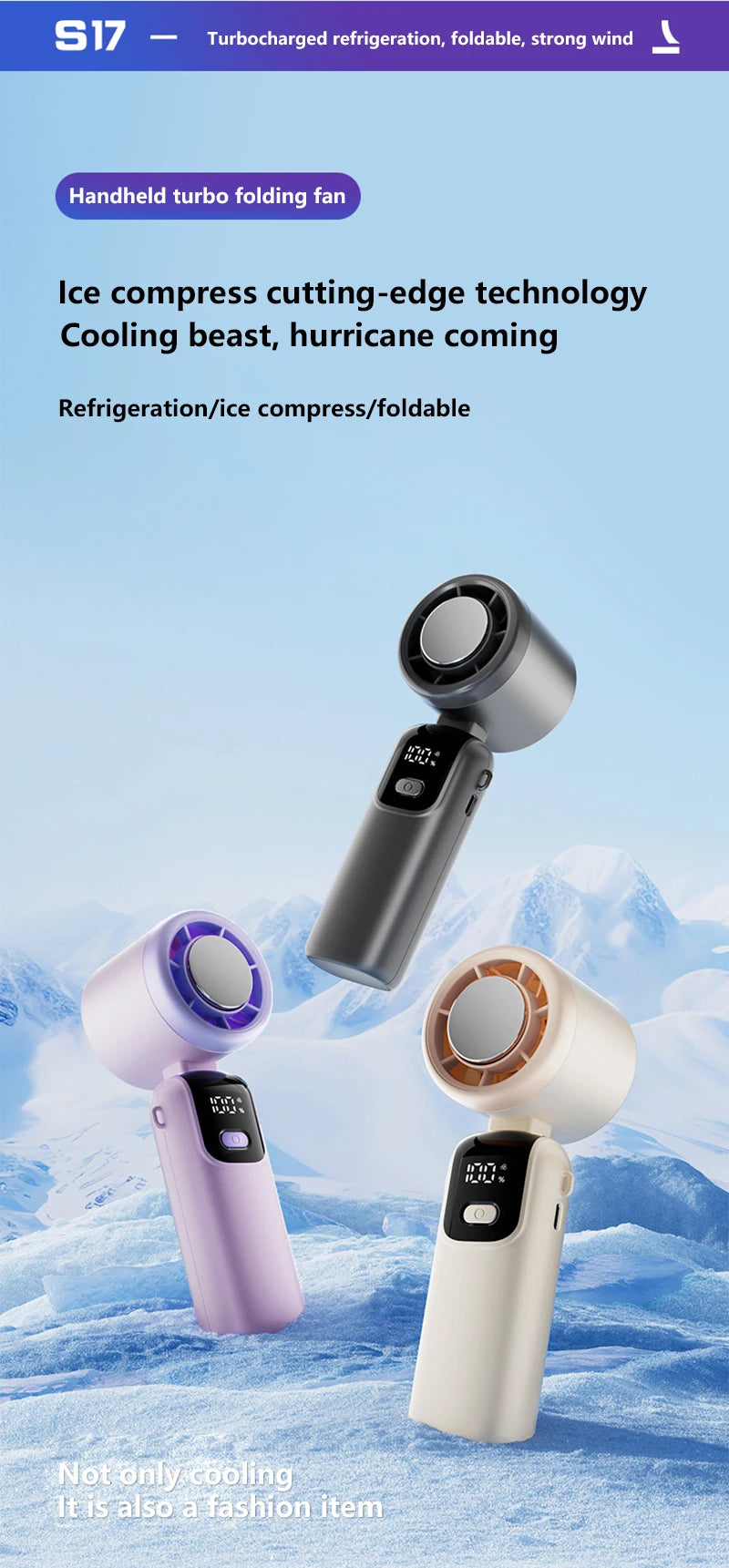 Lenovo Ice Cooling Fan 100 Speeds Turbo Handheld Portable USB Desk Fan Foldable/Hangable for Outdoor Fast Chill Ice Compress