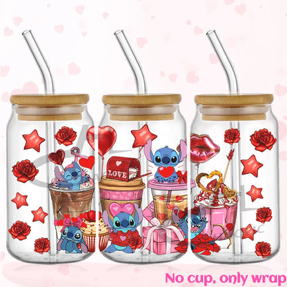 Valentine's Day Stitch 16oz UV DTF Cup Wrap Libbey Glass Can Tumbler UV Wrap Transfer Sticker Waterproof Adhesive Without Cup