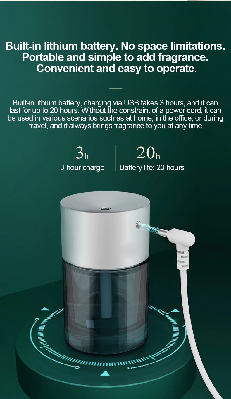 Car Air Freshener USB Rechargeable Essential Oil Diffuser Room Fragrance Diffuser Cool Mist Humidifier Auto Mini Scent Machine