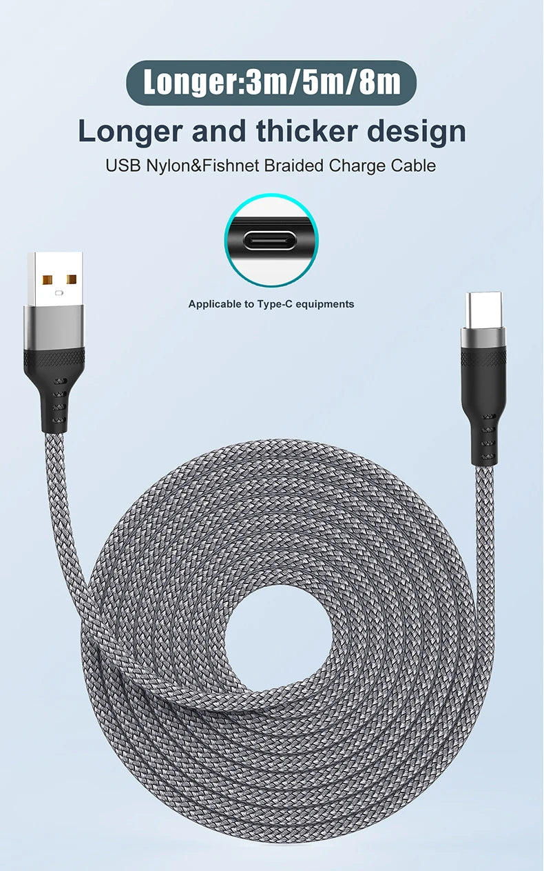 USB Type C 6A Super- Charging Cable For Huawei USB C Extended 1m 2m 3m 5m 8-Meter Cable For Xiaomi Vivo Leeco OnePlus Oppo