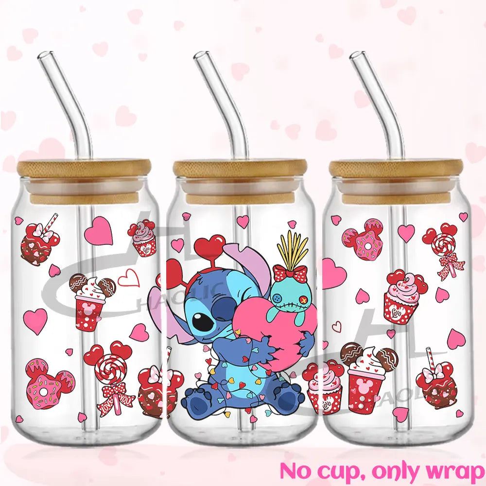 Valentine's Day Stitch 16oz UV DTF Cup Wrap Libbey Glass Can Tumbler UV Wrap Transfer Sticker Waterproof Adhesive Without Cup