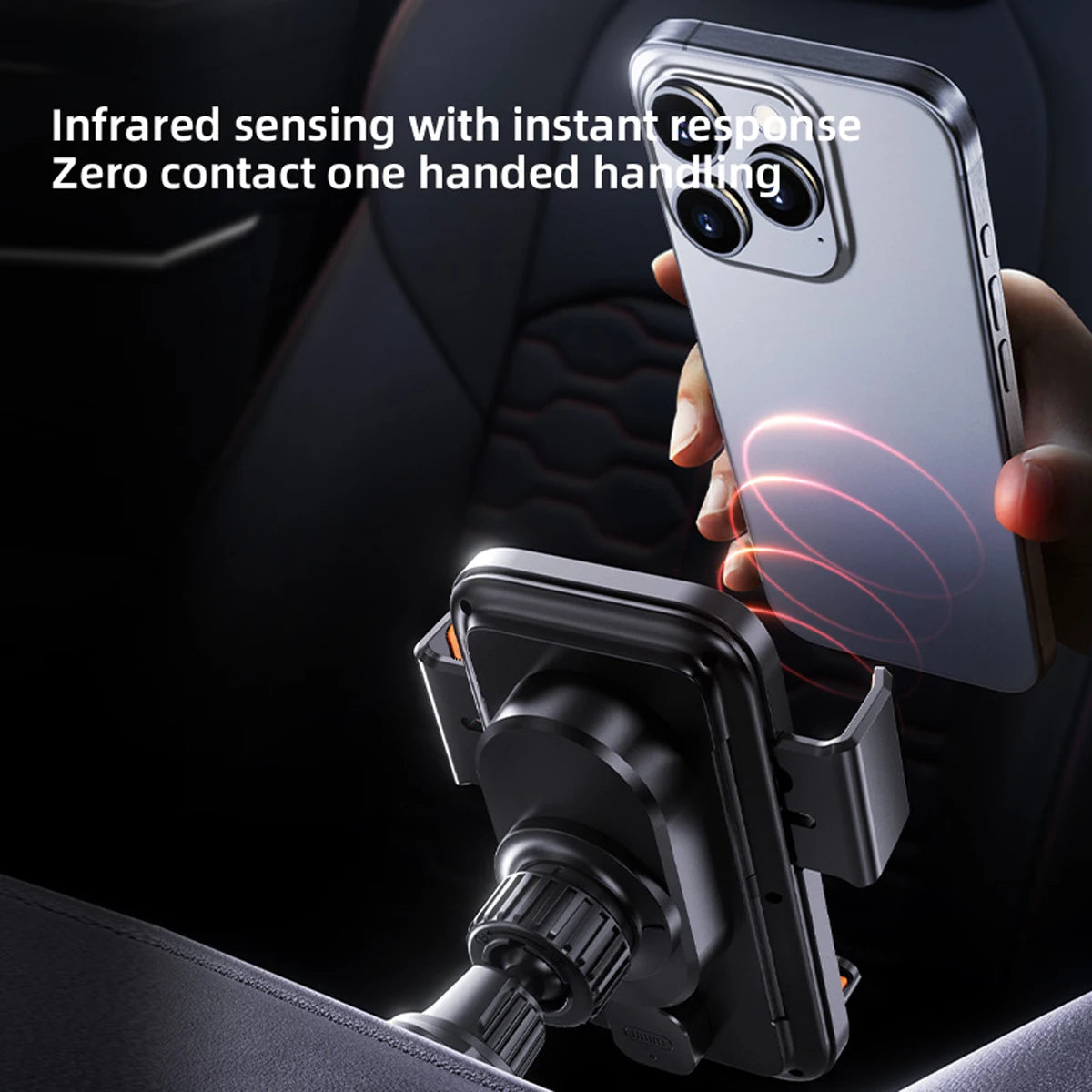 Smart Sensing Car Phone Holder 15W Qi Wireless Charging Motorized Rotation One-Touch Release & Clamping Rotatable Cable Port