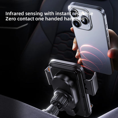 Smart Sensing Car Phone Holder 15W Qi Wireless Charging Motorized Rotation One-Touch Release & Clamping Rotatable Cable Port