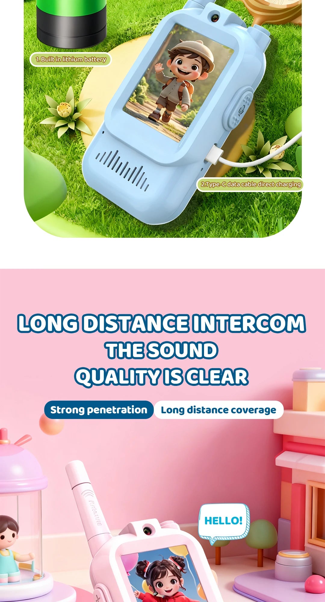 JCMO Video Walkie Talkies for Kids 2 Pack Funny Voice Change Rechargeable Toys for Indoor Camping Travel Birthday Gifts for Kids