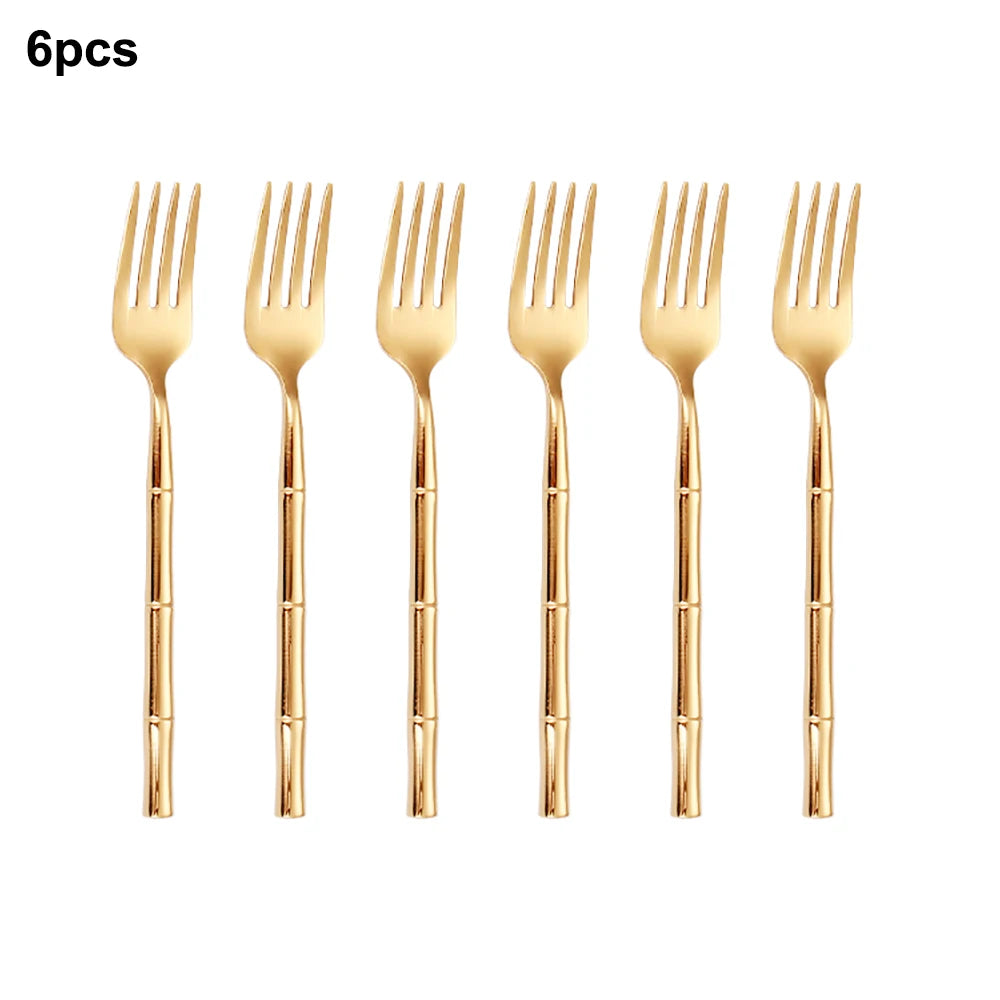 6/24/30Pcs Stainless Steel 304 Tableware Gold Cutlery Set Western Bamboo Shaped Handle Knife Fork Spoon Mirror Dinner Set