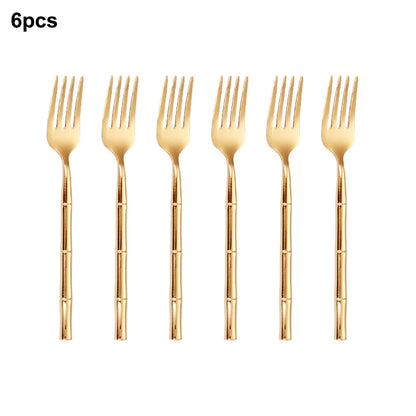 6/24/30Pcs Stainless Steel 304 Tableware Gold Cutlery Set Western Bamboo Shaped Handle Knife Fork Spoon Mirror Dinner Set