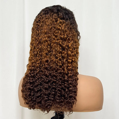Double Drawn 250% Density Ombre 18 Inches Water Wave Curly Human Hair Wigs 13x4 Transparent Lace Frontal Hair Wig for Women