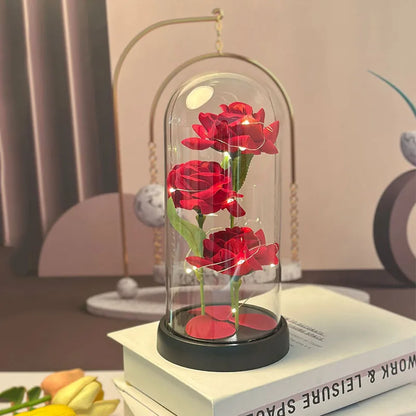 1PC Valentine's Day artificial flowers three rose glass cover Mother's Day wedding season Valentine's Day gift for his wife.
