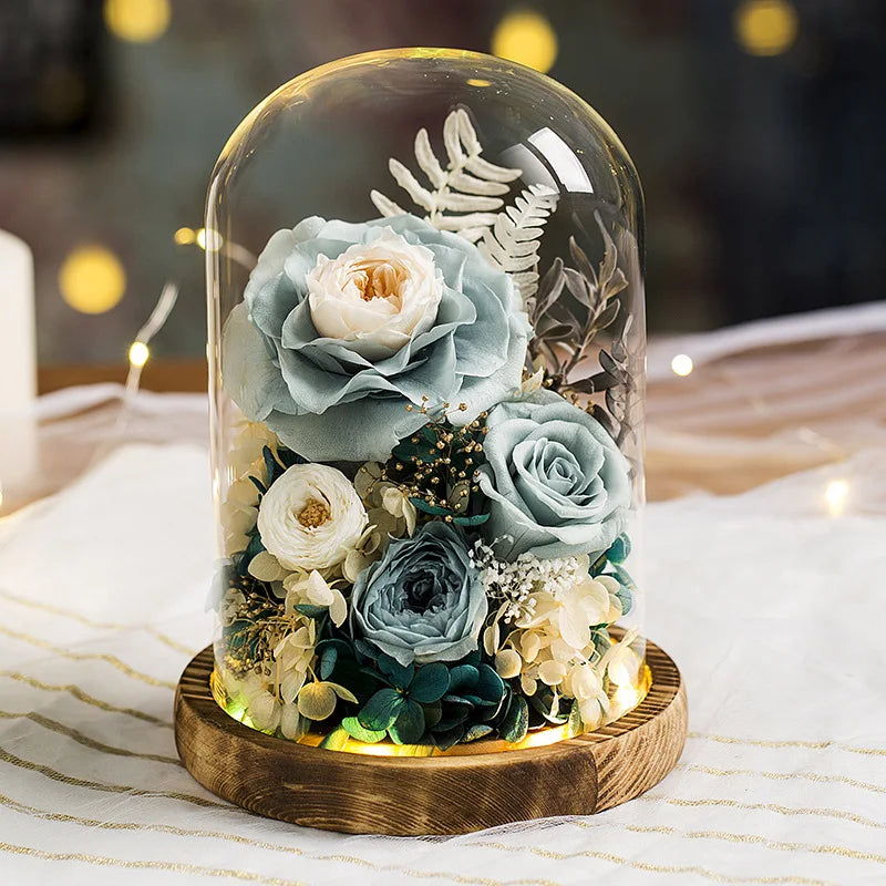 Eternal Flowers Preserved Rose In Glass Dome Cover Artificial Flower with Light Valentine's Day Christmas for Women Gift Box