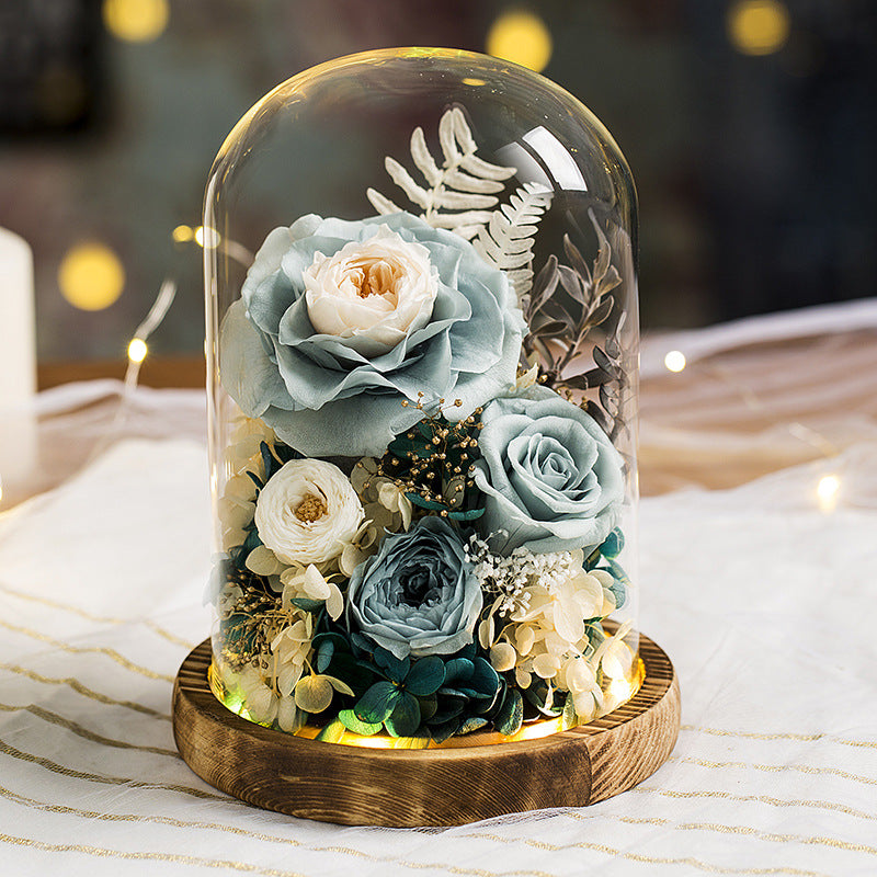 Eternal Flowers Preserved Rose In Glass Dome Cover Artificial Flower with Light Valentine's Day Christmas for Women Gift Box