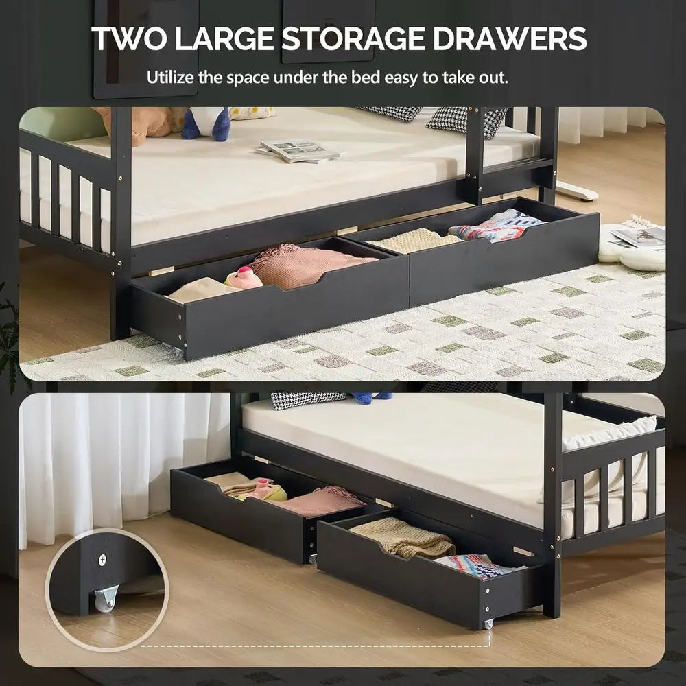 Twin Over Twin Solid Wood Bunk Bed with Storage Drawers, RGB LED, Charging Station, and Safety Rail for Kids - Black