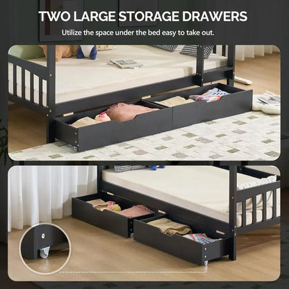 Twin Over Twin Solid Wood Bunk Bed with Storage Drawers, RGB LED, Charging Station, and Safety Rail for Kids - Black