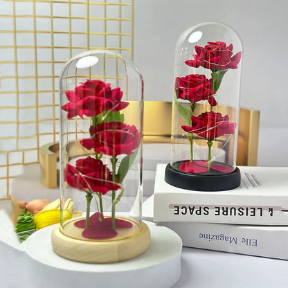 1PC Valentine's Day artificial flowers three rose glass cover Mother's Day wedding season Valentine's Day gift for his wife.