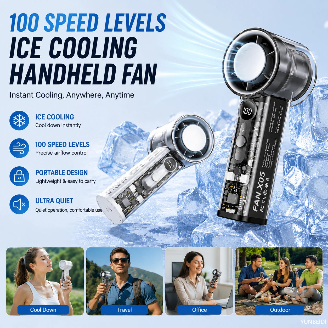 Handheld Small Fan Portable Ice Pack Cooling Fan 3/100-speed Adjustable Wind Speed Long Battery Life Silent Outdoor Electric Fan