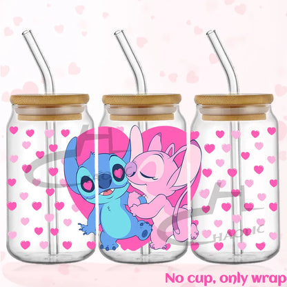 Valentine's Day Stitch 16oz UV DTF Cup Wrap Libbey Glass Can Tumbler UV Wrap Transfer Sticker Waterproof Adhesive Without Cup