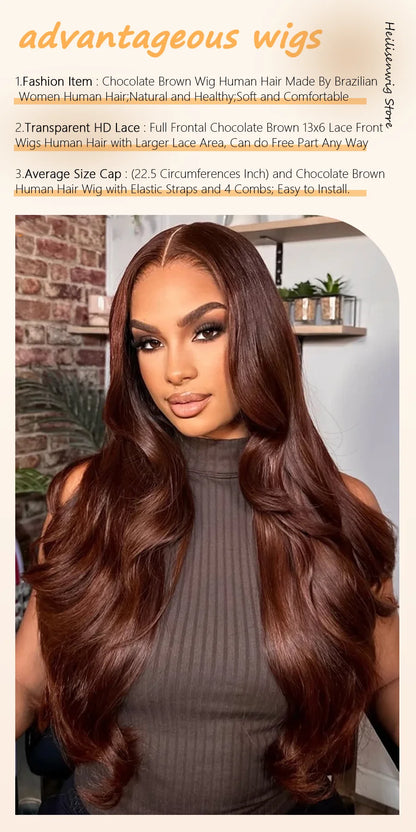 Body Wave 13x6 HD Transparent Lace Frontal Wig 36 Inch 220% Density #4 Chocolate Brown Real Brazilian Human Hair Wigs For Women