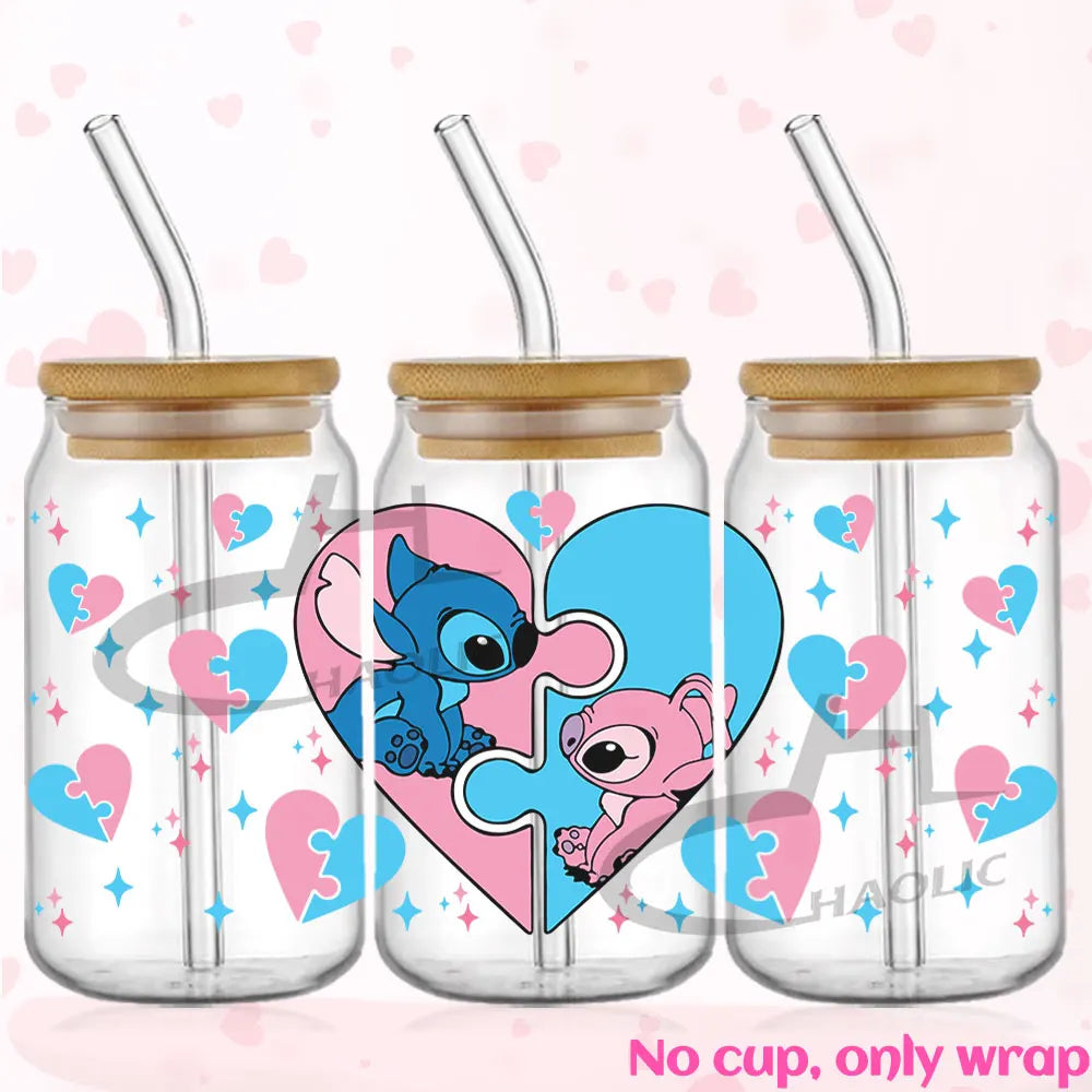 Valentine's Day Stitch 16oz UV DTF Cup Wrap Libbey Glass Can Tumbler UV Wrap Transfer Sticker Waterproof Adhesive Without Cup