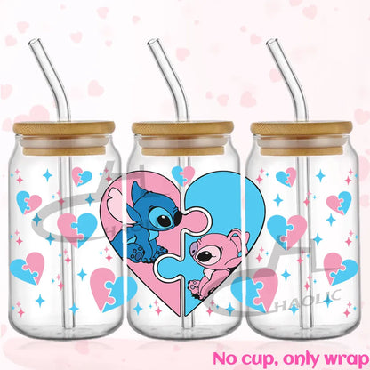 Valentine's Day Stitch 16oz UV DTF Cup Wrap Libbey Glass Can Tumbler UV Wrap Transfer Sticker Waterproof Adhesive Without Cup
