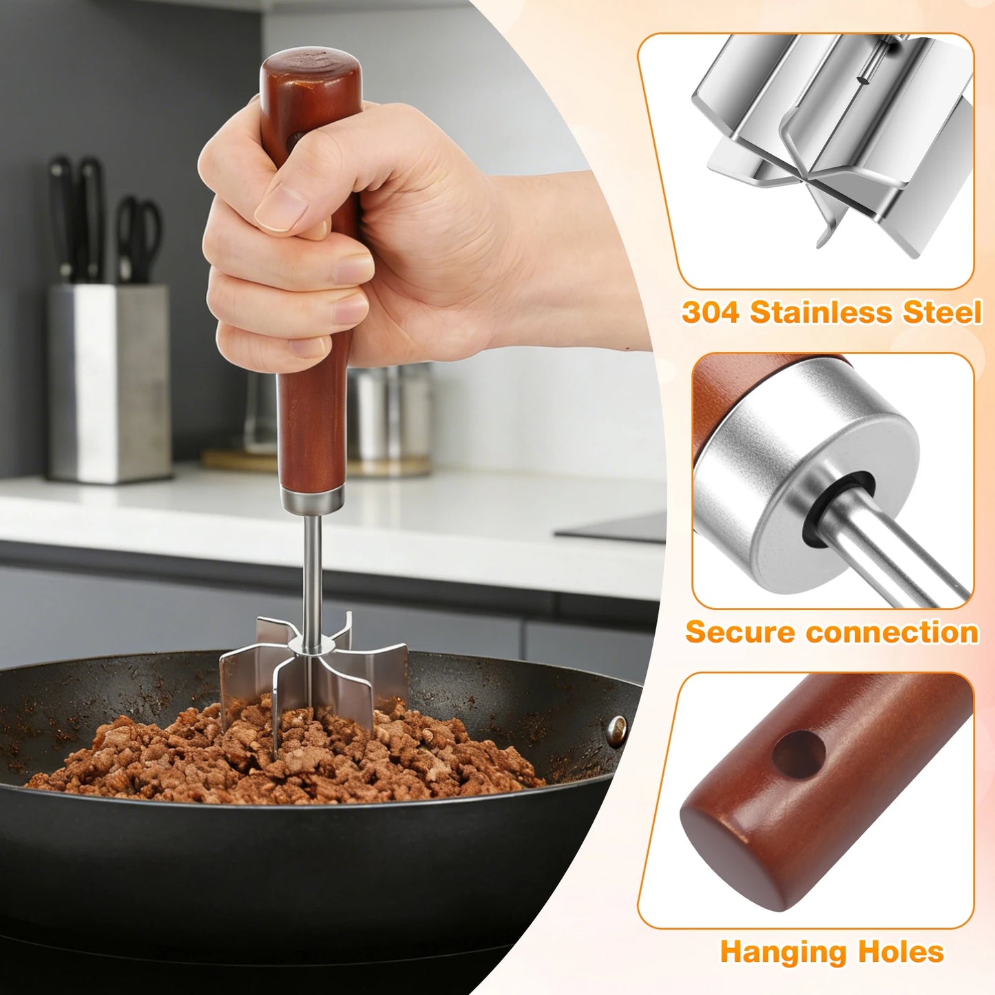 Stainless Steel Meat Chopper Masher Heavy Duty 6 Curve Blades Ground Beef Chopper Tool with Wooden Handle Heat Resistant Meat
