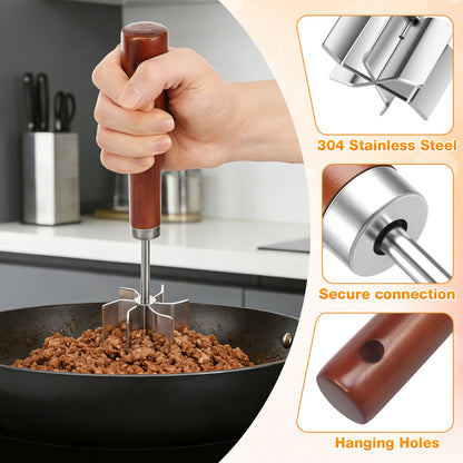 Stainless Steel Meat Chopper Masher Heavy Duty 6 Curve Blades Ground Beef Chopper Tool with Wooden Handle Heat Resistant Meat
