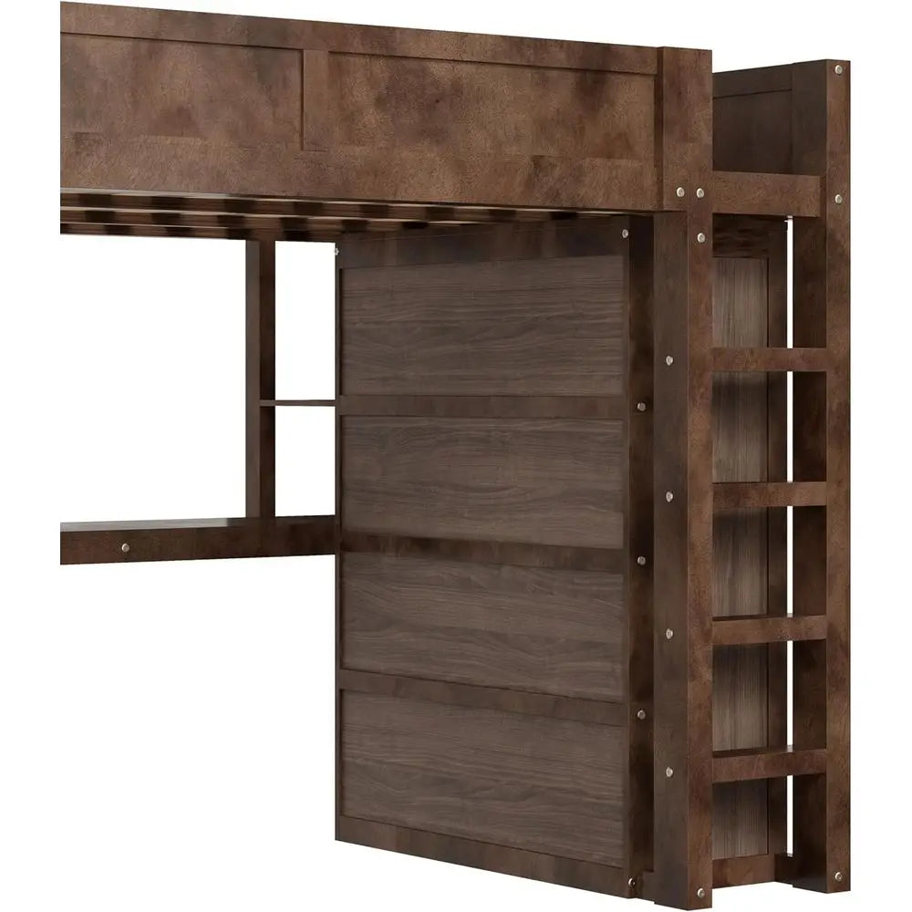 Queen-Sized Wooden Bed with Built-in Wardrobe, Desk, Storage, and USB Ports - Modern Space-Saving Design for Compact Rooms (Brow