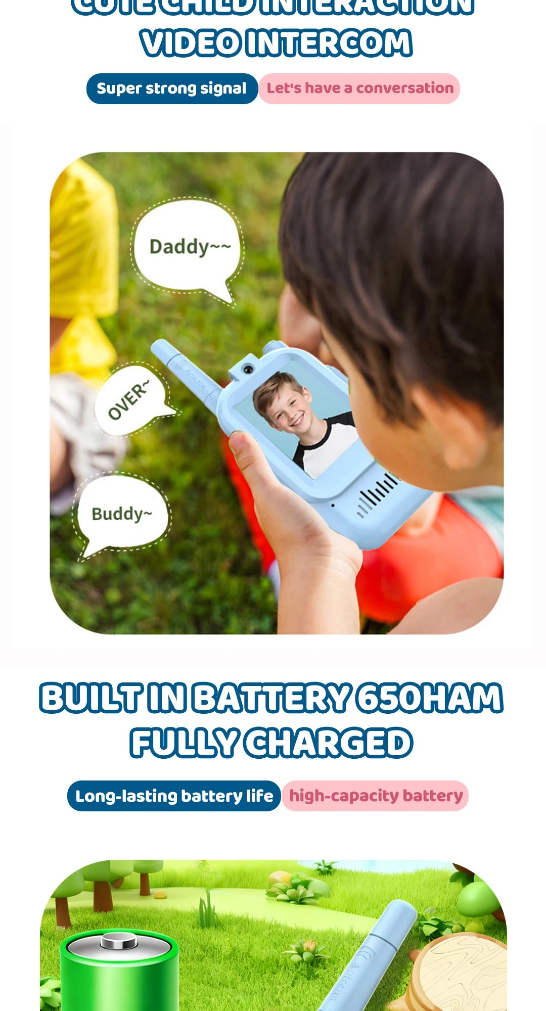 JCMO Video Walkie Talkies for Kids 2 Pack Funny Voice Change Rechargeable Toys for Indoor Camping Travel Birthday Gifts for Kids