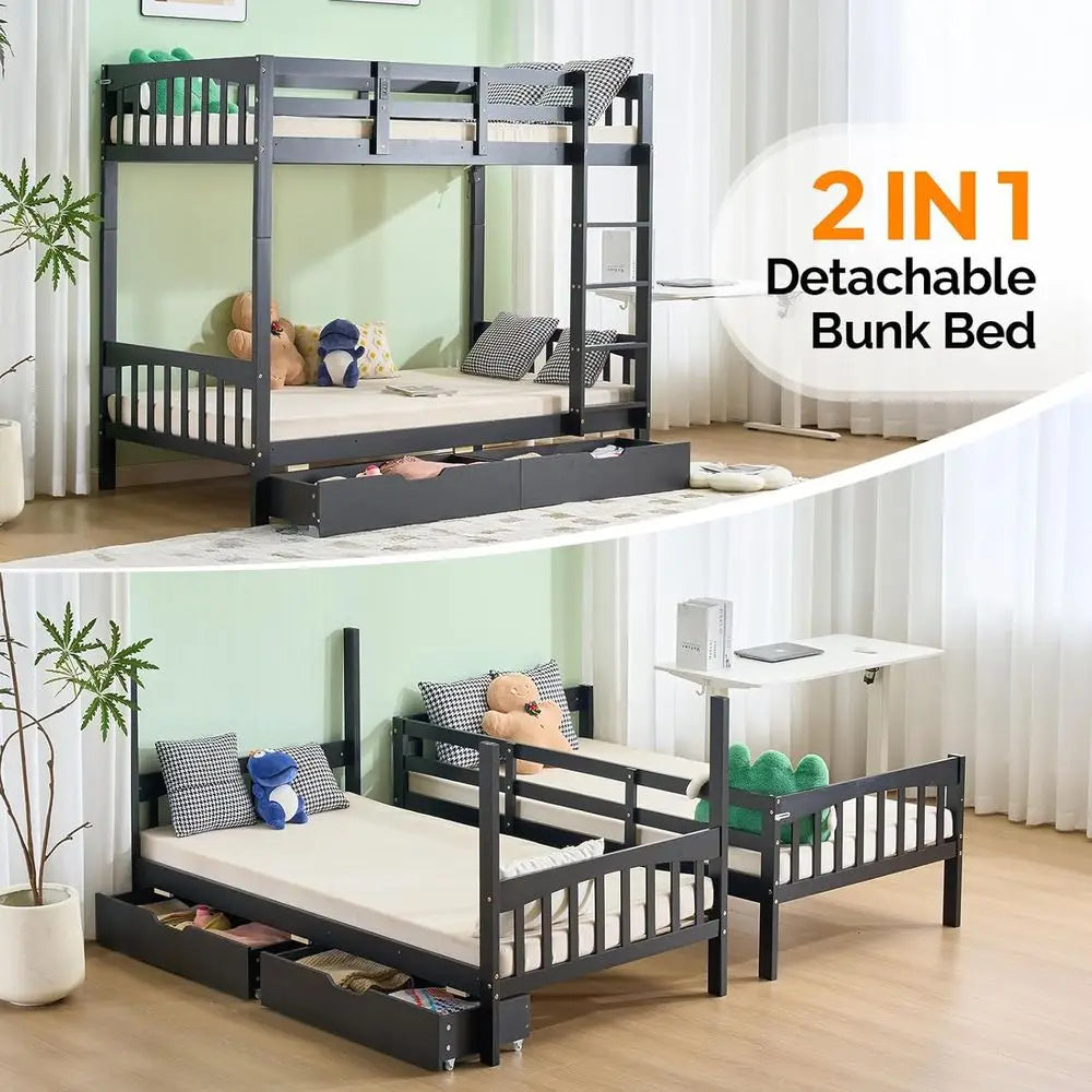 Twin Over Twin Solid Wood Bunk Bed with Storage Drawers, RGB LED, Charging Station, and Safety Rail for Kids - Black