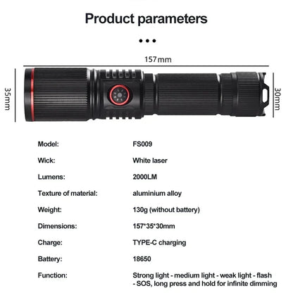 30W White Laser LED Flashlight Zoom Torch USB Rechargeable Light Outdoor Camping Hunting Fishing Walking Riding Lighting Lamp