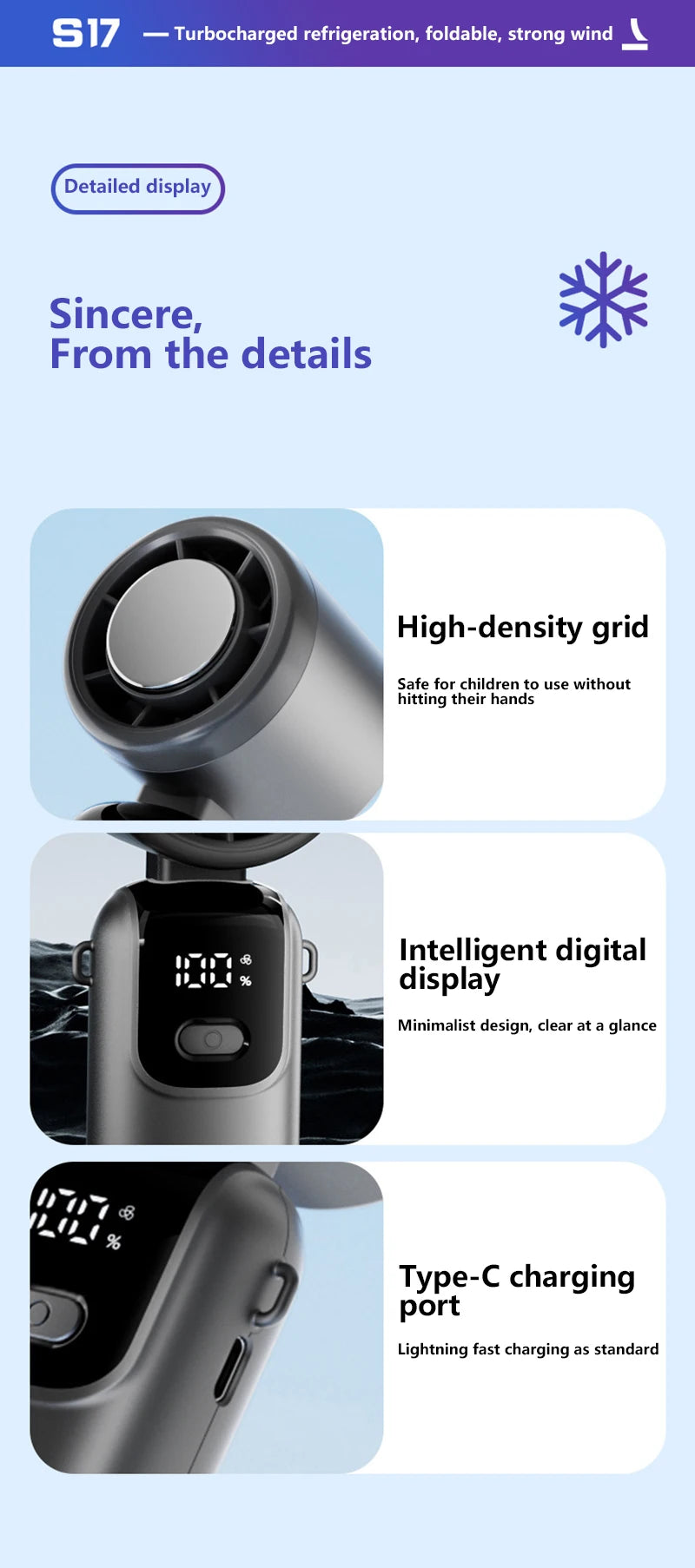 Lenovo Ice Cooling Fan 100 Speeds Turbo Handheld Portable USB Desk Fan Foldable/Hangable for Outdoor Fast Chill Ice Compress